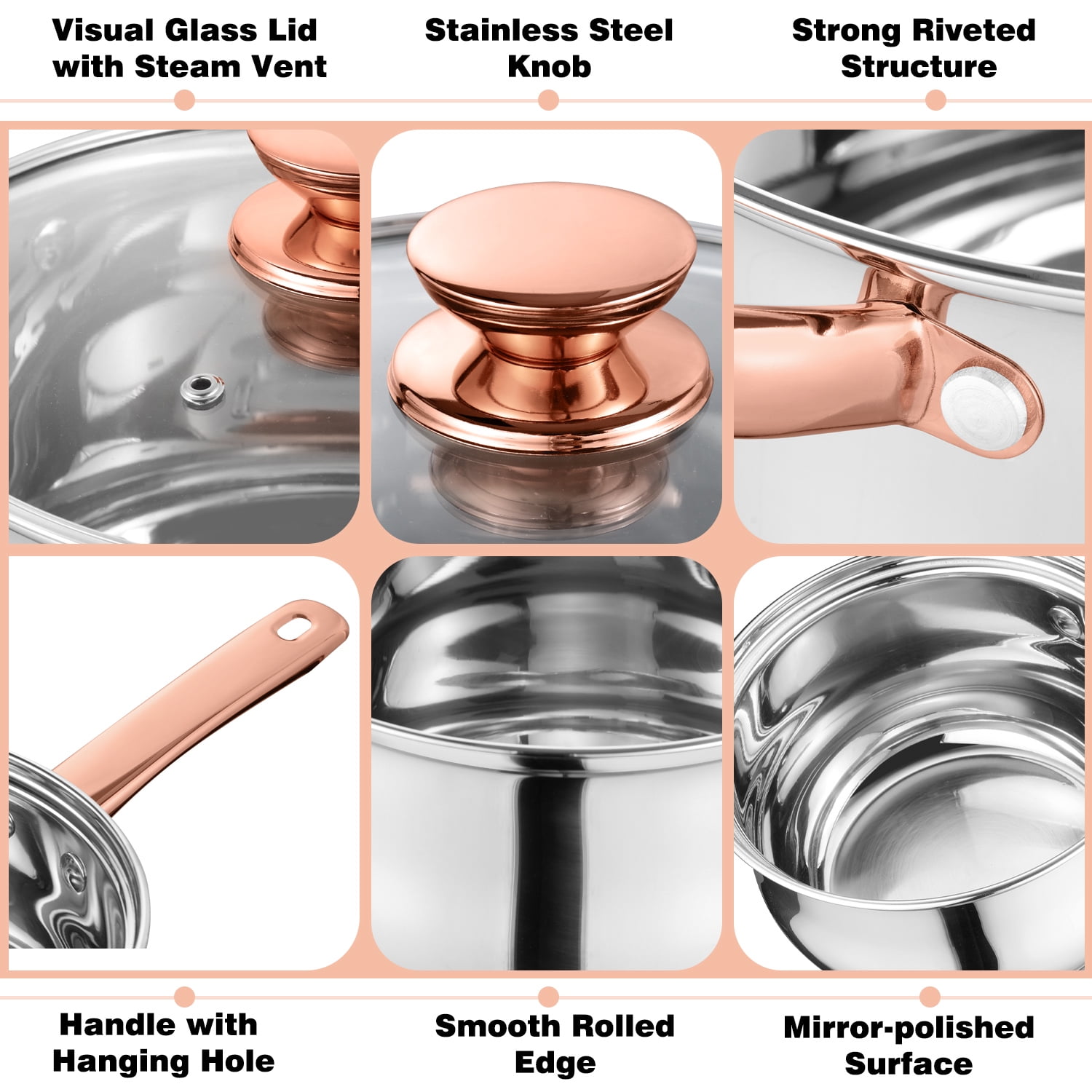 Walchoice 13-Piece Stainless Steel Pots and Pans Set, Kitchen Cookware Set with Glass Lid for Cooking, Induction & Dishwasher Safe, Copper