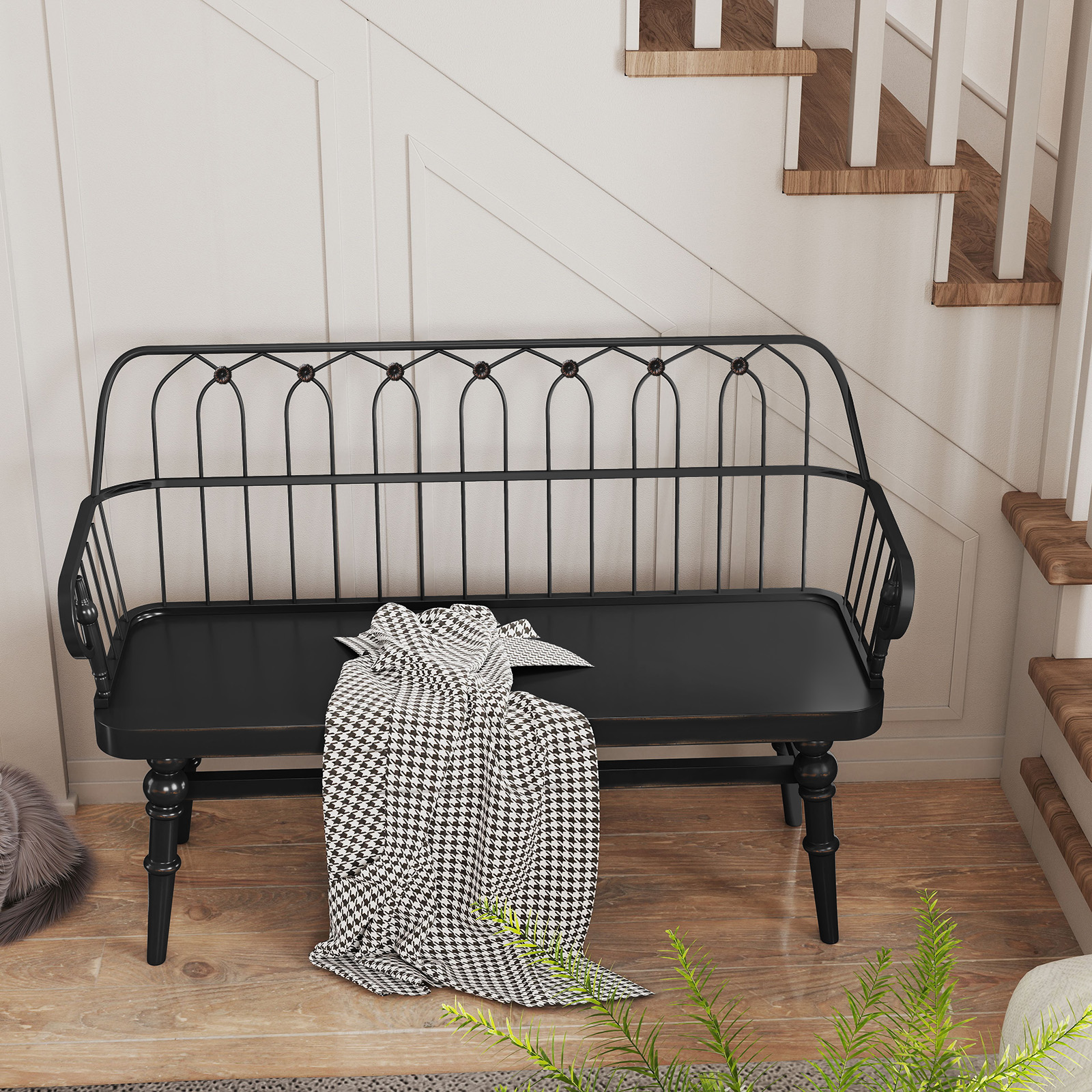 HLR Entryway Bench, Farmhouse Wood with Spindle Back, Black photo 8