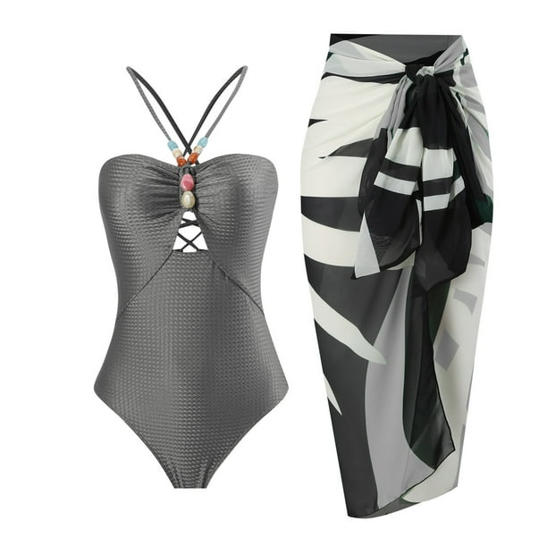 MKLEKYY Trajes De Baño Mujer Short Women 1 Piece Swimwear+1 Piece Cover Up Two Piece Vintage Print Swimsuit Monokini Bikini 2 Piece Swimsuits Two Piece Tankini Set 1033