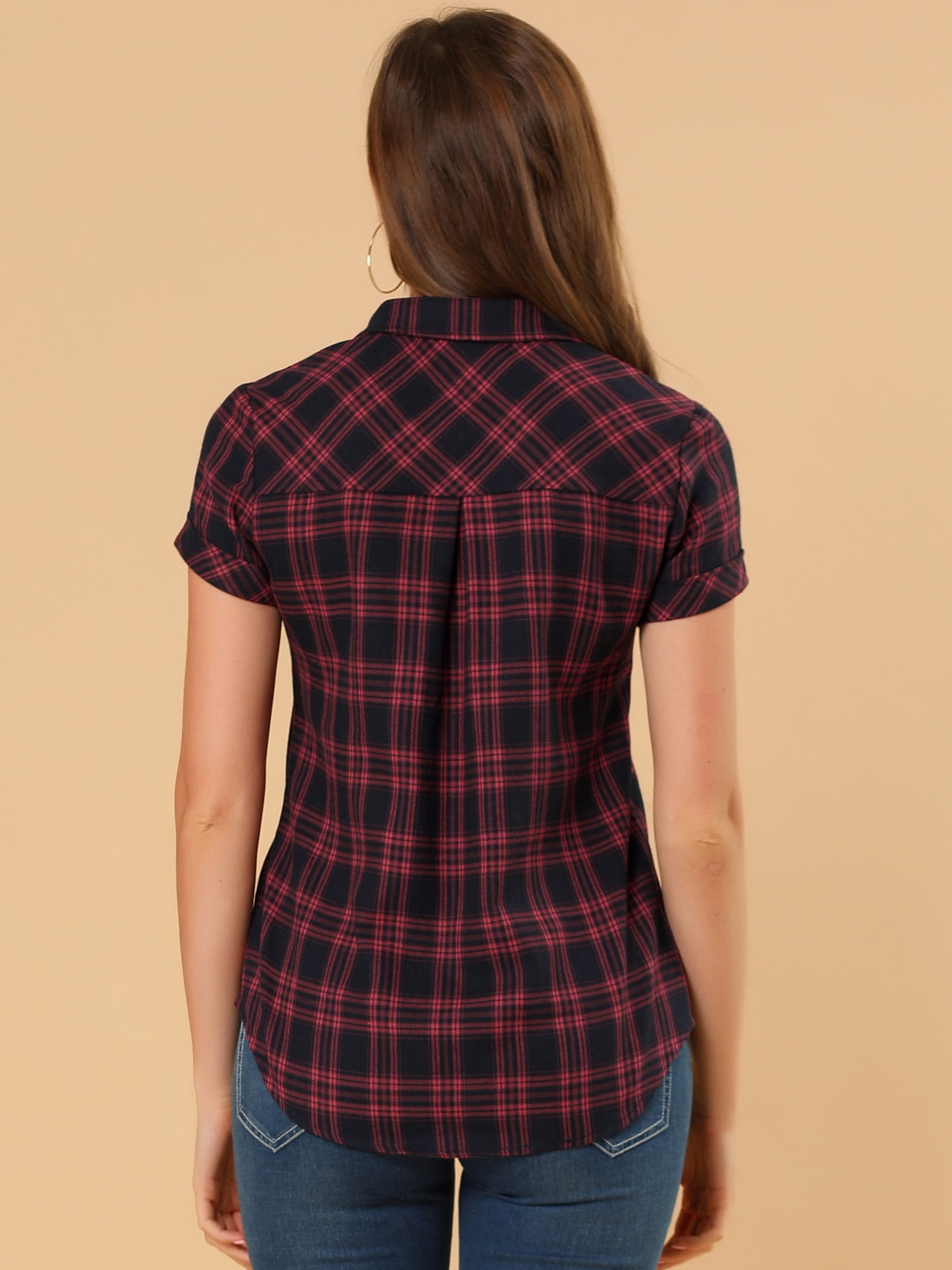 DARING DIVA Women's Plaid Shirts Cotton Short Sleeve Button Down Shirt 3XL Red Black