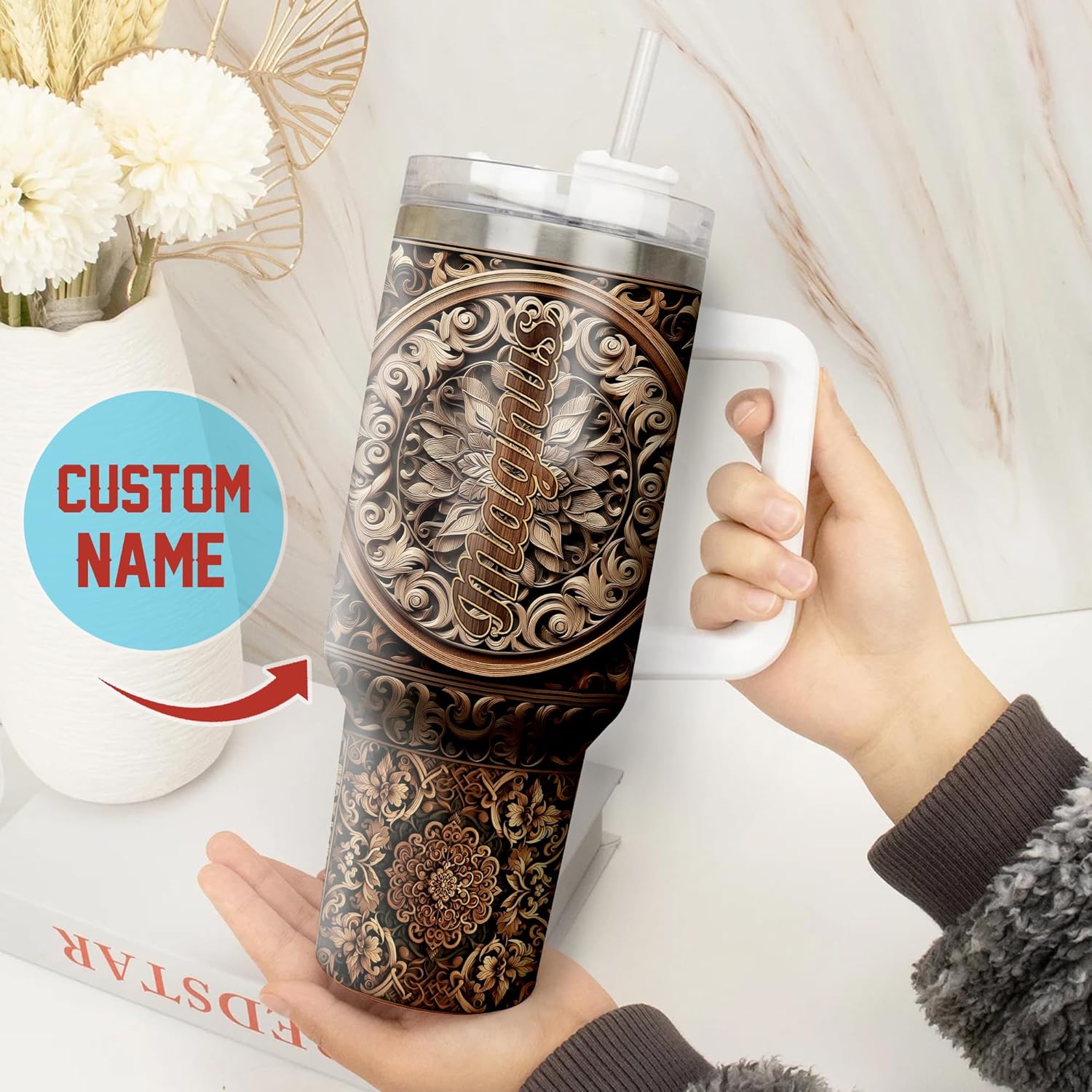 Personalized Horse Tumbler 40oz with Handle and Straw Custom Name Wooden Drawings Vacuum Tumblers Stainless Steel Travel Mug Equestrian Gifts Birthday Christmas for Men Women Animal Lover