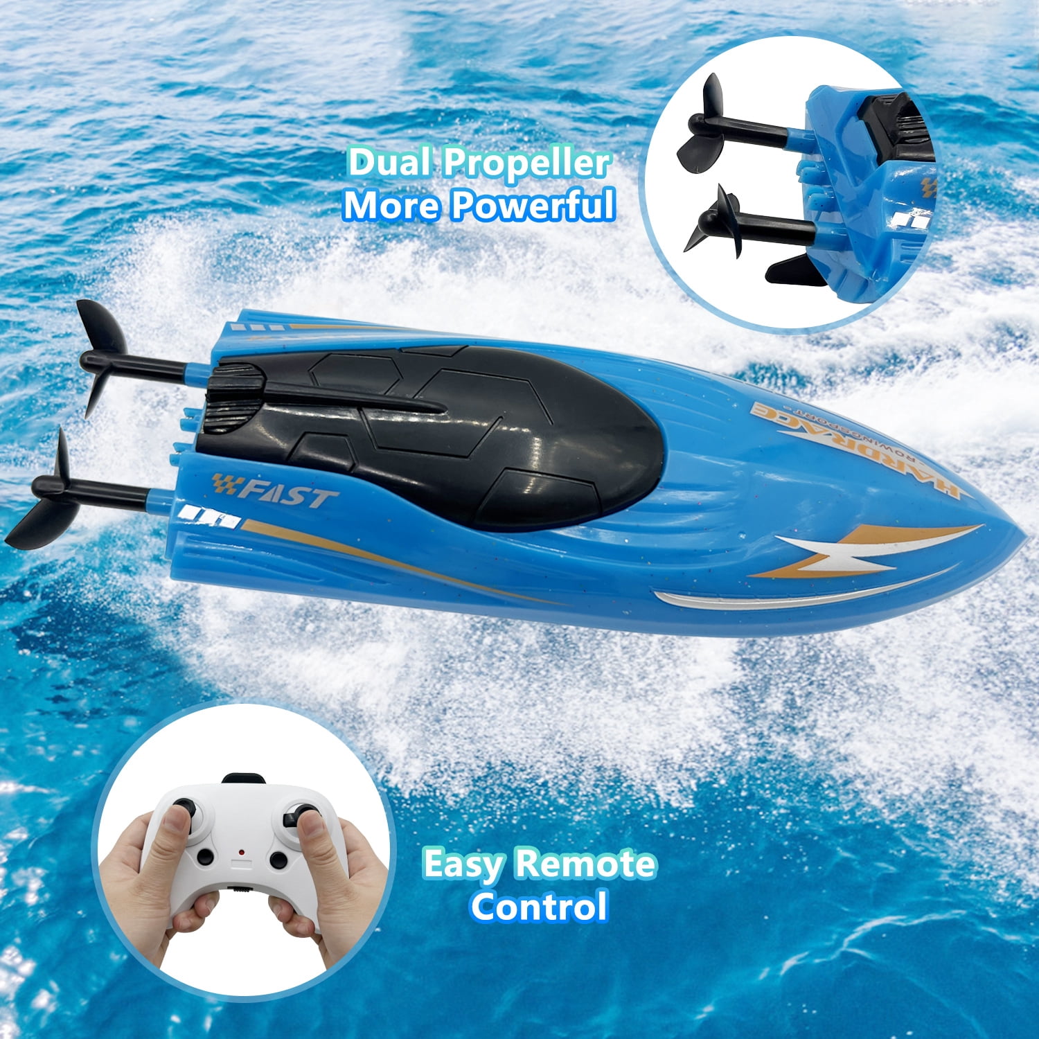 Syenll RC Boat with LED Light, Remote Control Boat for Pools, 3 Rechargeable Battery, Water Pool Toys for Boys Girls, Blue