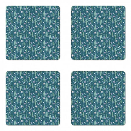 

Floral Coaster Set of 4 Vintage Style Romantic Purple Flowers and Tiny Branches of Leaves Square Hardboard Gloss Coasters Standard Size Teal Pale Green by Ambesonne