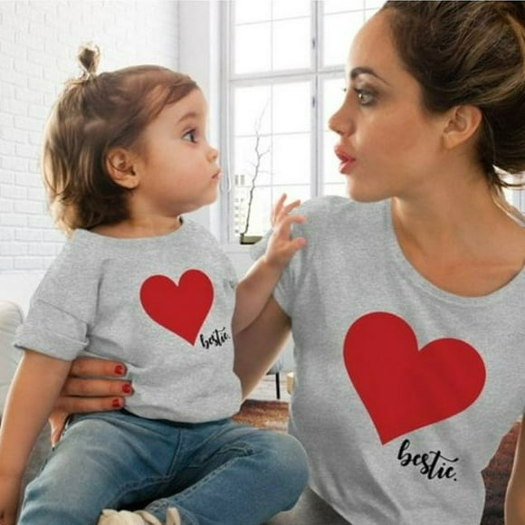 Mère et Fille de Famille Assortis Vêtements Manches Courtes Coton T-Shirt Décontracté Coeur Imprimé Tops T-Shirt