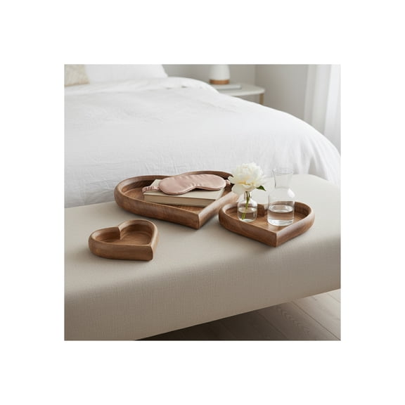 Wood Trays for Bed, Coffee Table, or Home Decor - Charming Heart-Shaped Accent Trays for Jewelries, Trinkets, or Vanities - Contemporary Centerpiece Table Decorations - Set of 3, 14", 11", 7", Brown