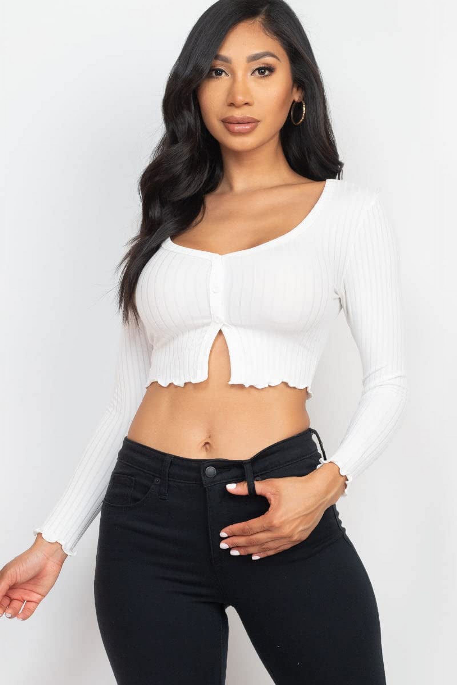 white button front long sleeve crop top