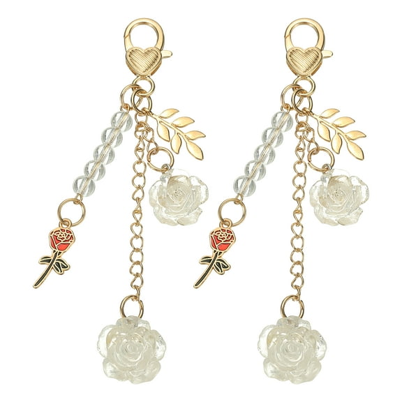 Uxcell 2Pcs Rose Keychain Charm, Purse Charm Rose Keychains Flower Purse Bag Charm Keychain with Chain Tassel for Women Handbag Wallet Backpack Pendant Keyring, White