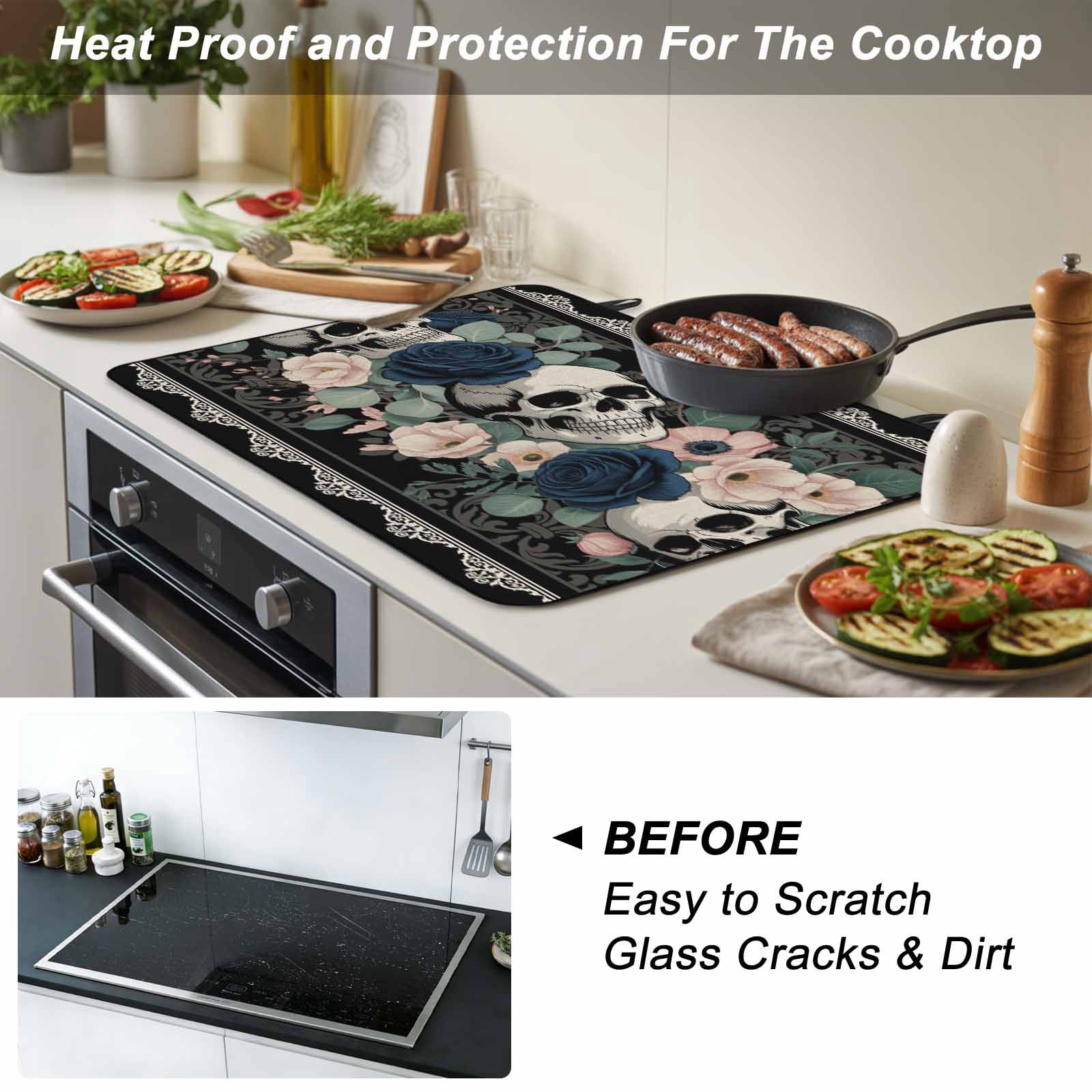 Halloween Stove Top Cover for Electric Stove, Heat-proof & Non Slip Glass Top Stove Cover Protector, Boho Horror Skull Flower Leaf Black Kitchen Flat Cooktop Rubber Mat 24x21 Inches