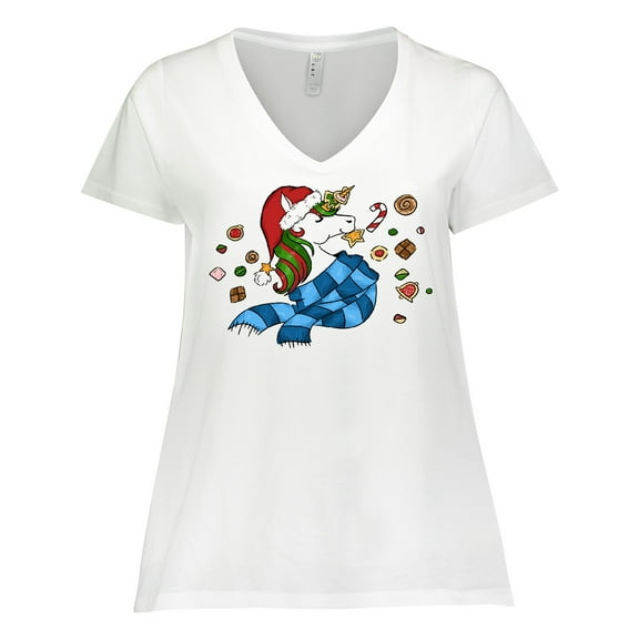Inktastic Cute Christmas Unicorn with Cookies Women's Plus Size V-Neck T-Shirt