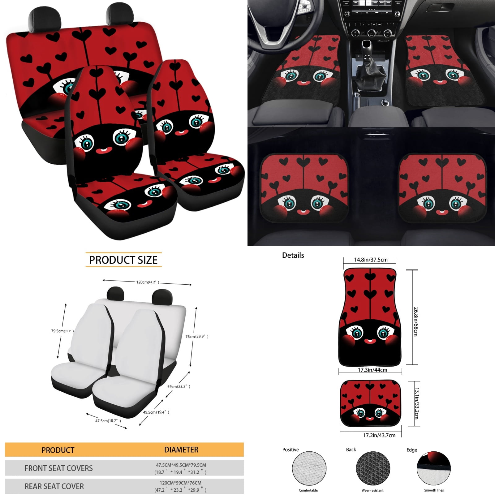 Yuyamidu Cute Ladybug Auto Seat Covers Full Set of 15 Red Car Carpet Mats Steering Wheel Cover Seat Belt Pads Cup Holder Handbrake Cover Gear Shift Cover