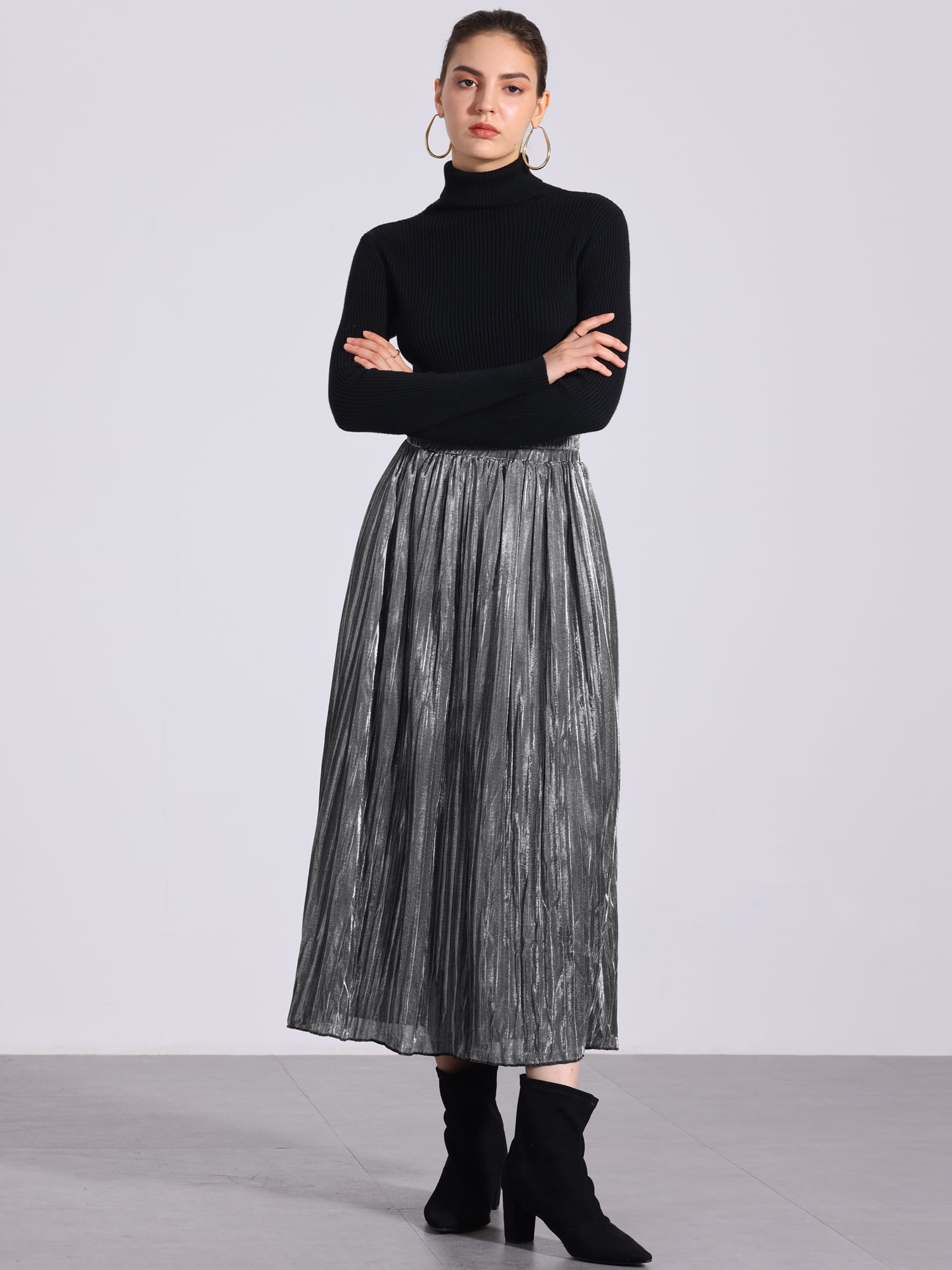 Unique Bargains Women Metallic Glitter High Waist Flared Plaeted Midi Skirt L Silver