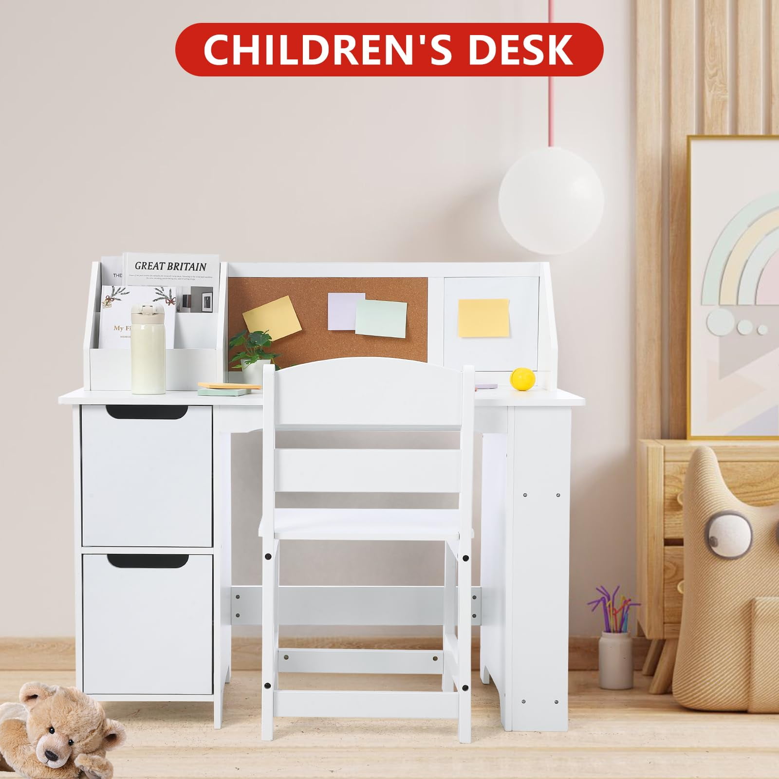 TROPOW Kids Study Desk and Chair Set, Wooden School Learning Table with Storage, Hutch and Bulletin Board, Children Computer Desk with Chair, Small Toddler Desk for Home, School, White