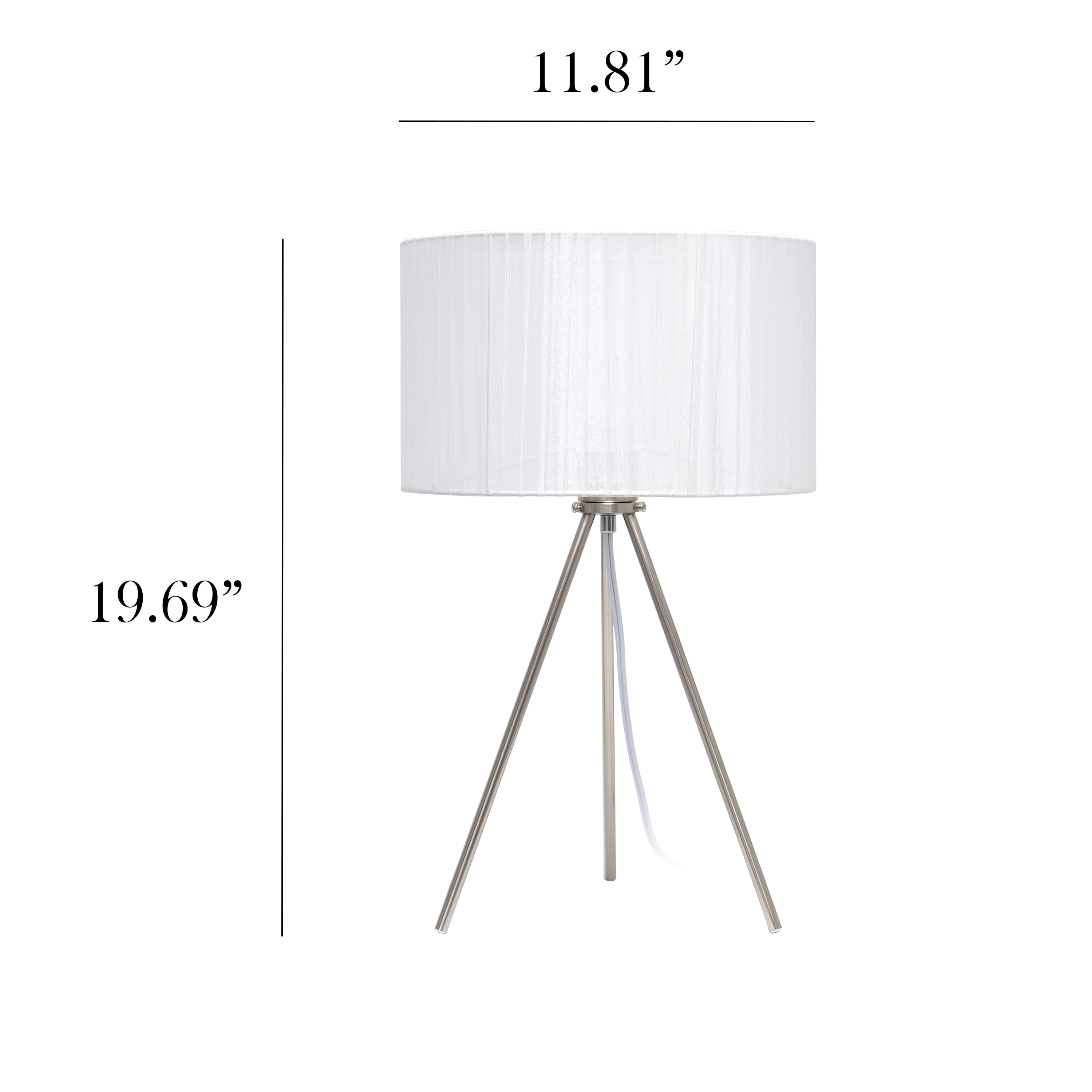 Simple Designs 19.69" Brushed Nickel Tripod Table Lamp and Pleated Silk Sheer Shade with LED Bulb, White