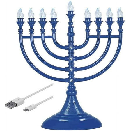 Aviv Judaica Traditional LED Hanukkah Menorah Powered by Battery or USB Chanukiah Electric Menorah 4' Micro USB Cable Included - Electronic Chanukah Candles Minorah Lighted Hanukah Decorations (Blue)
