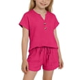 thumbnail image 4 of Mifsaly Girls 2 Piece Lounge Set Short Sleeve Button Down Henley Tops and Drawstring Shorts Outfits with Pockets Kids Summer Casual Solid Color Activewear Sweatsuit, 4 of 9