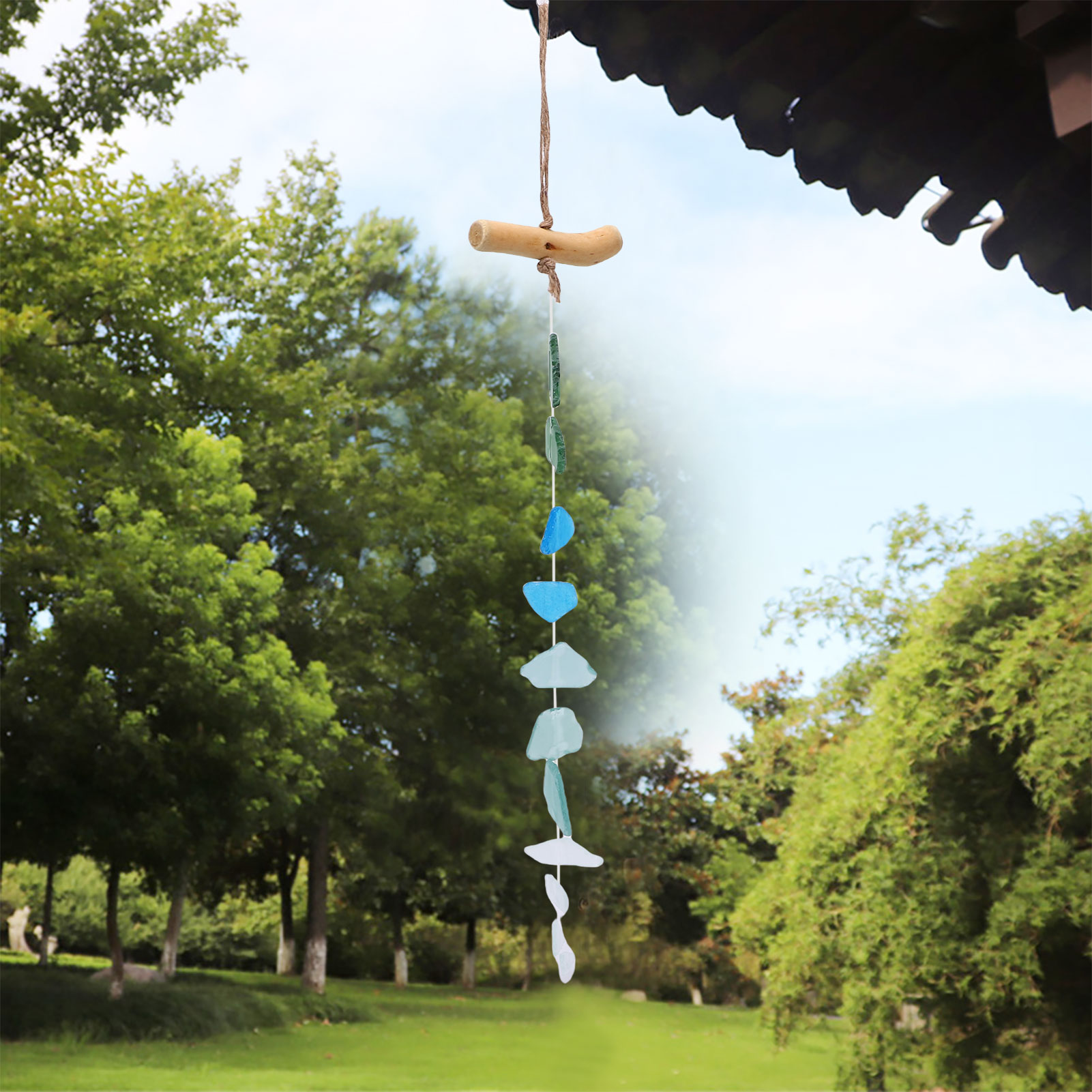 NFTIGB 4pcs Sea Glass and Driftwood Chime Sandblasted Glass Hand Crafted Wind Chime Garden Yard Indoor Outdoor Decorations Bohemian Wreath (6.69 inches / 17 cm) Multicolor