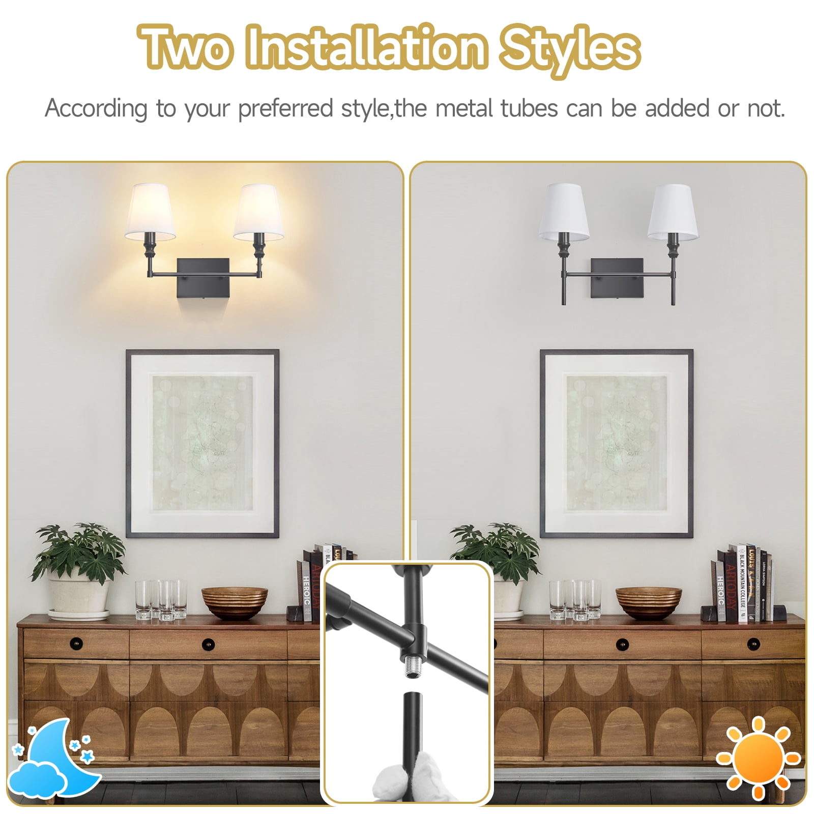 2-Light Vanity Lights for Bathroom,18.5 in Vintage Black Bathroom Vanity Light Fixtures,with Flared White Fabric Lampshade for Bedroom,Living Room,Foyer,Hardwired,E12 Base