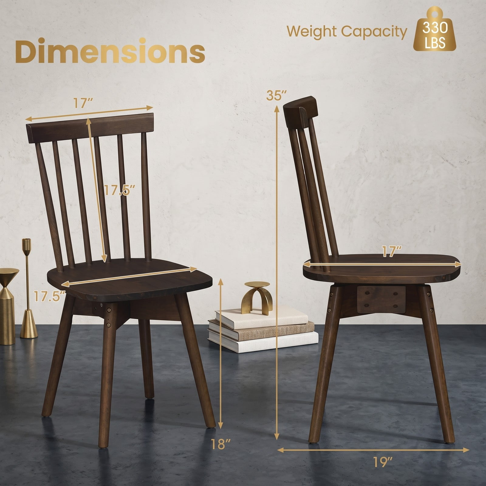 Furnibear Windsor Dining Chairs Set of 2 Mid Century Modern Rubber Wood Kitchen Chairs with 360 Degree Swivel Seat and Spindle Back, Armless Solid Wood Side, Walnut