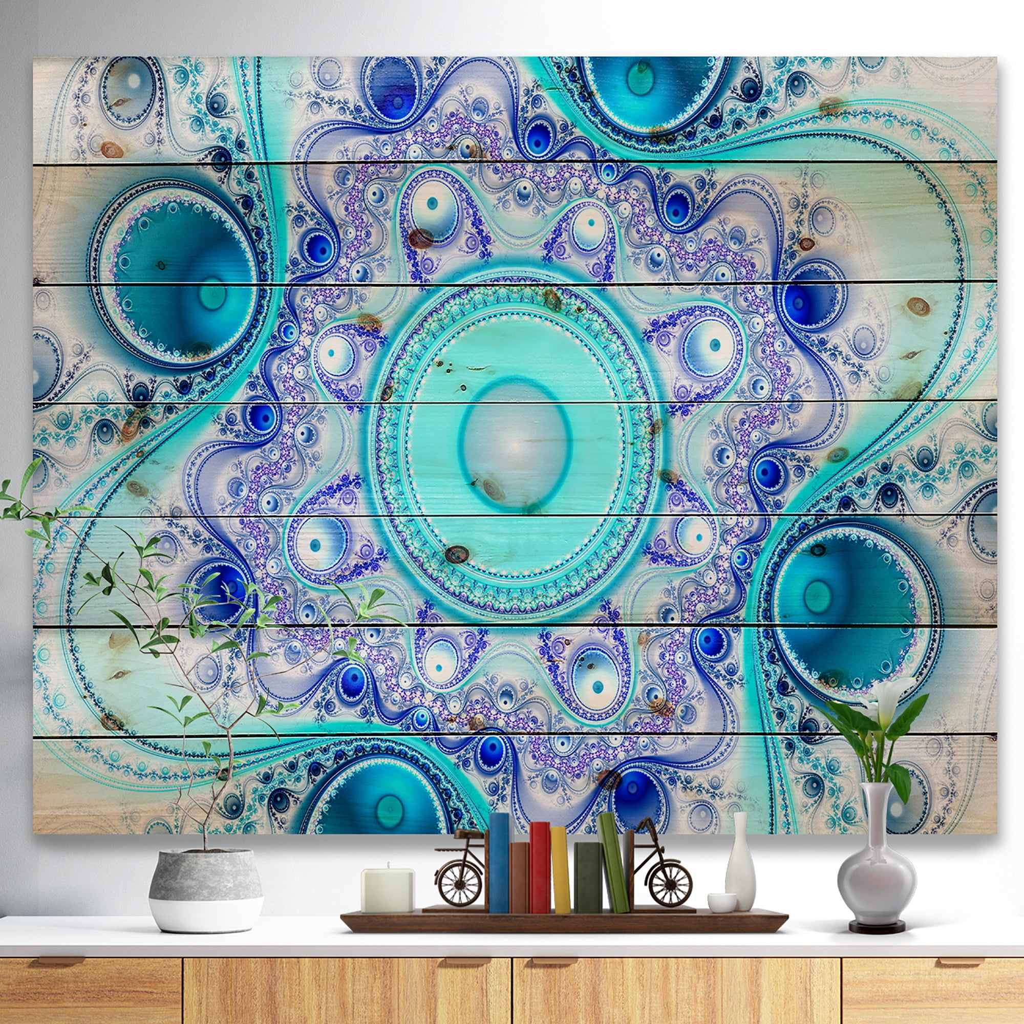 Designart 'Turquoise Wavy Circles and Curves' Abstract Print on Natural Pine Wood