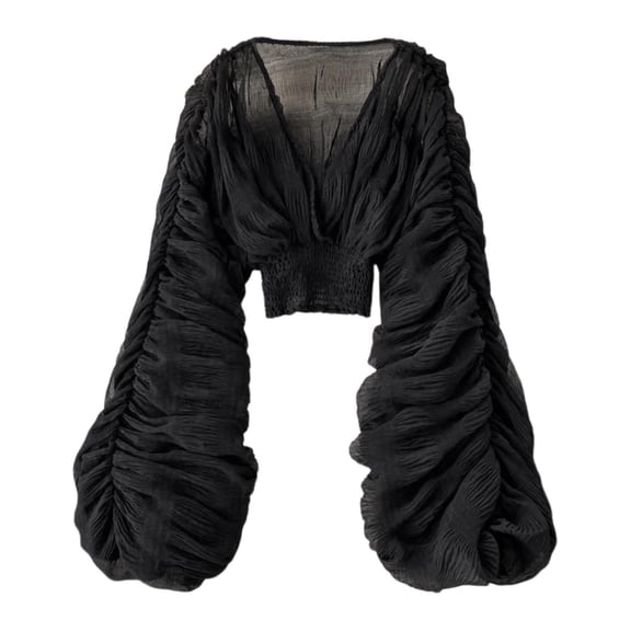 XIAONU Women's Ruched Sleeve Sheer Crop Blouse Long Sleeve Deep V Neck Pullover Top Airy Dramatic Evening Blouses