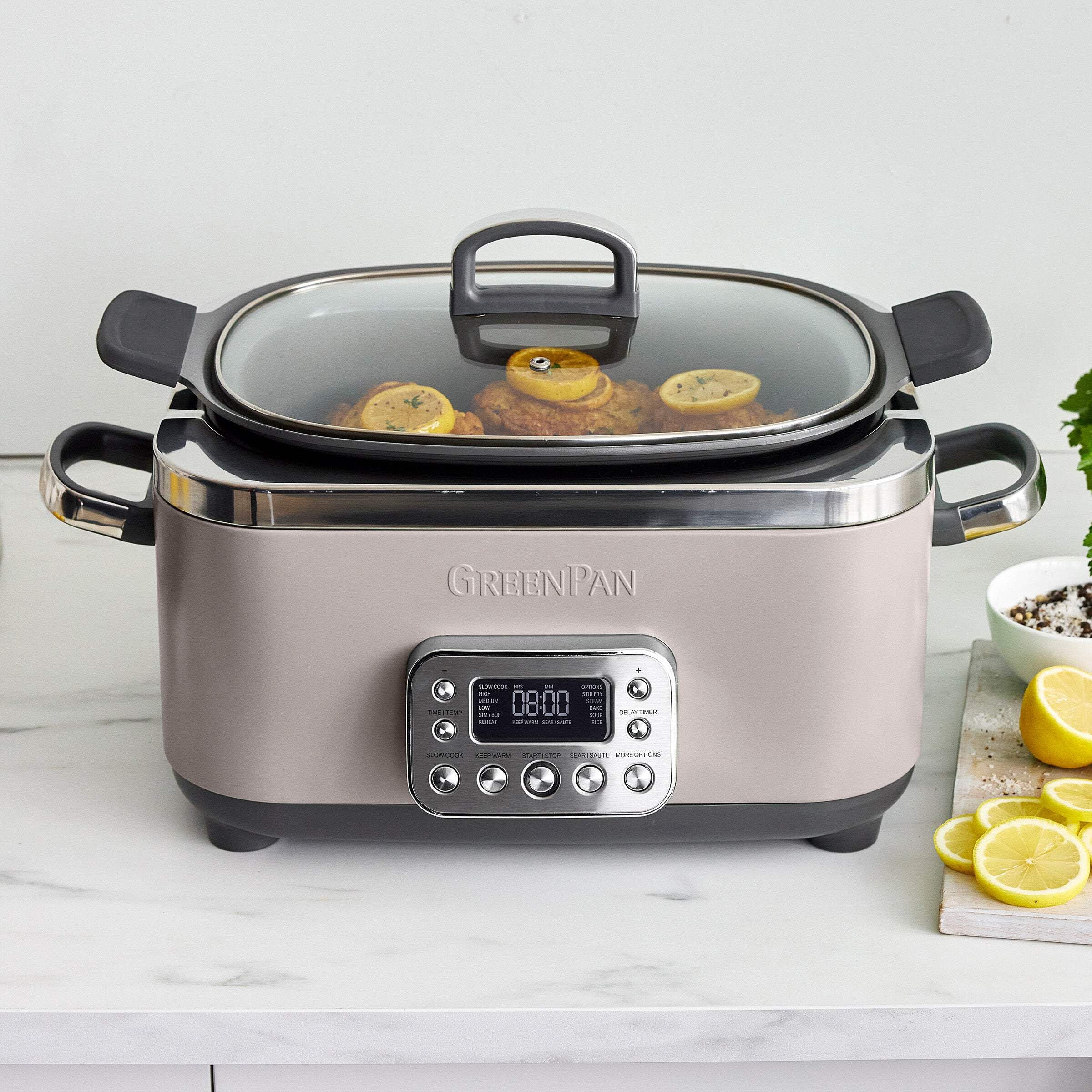 GreenPan 6-Quart, 14-in-1 Slow Cooker, Family Size, Ceramic Nonstick, Dishwasher Safe Parts, Cloud Grey