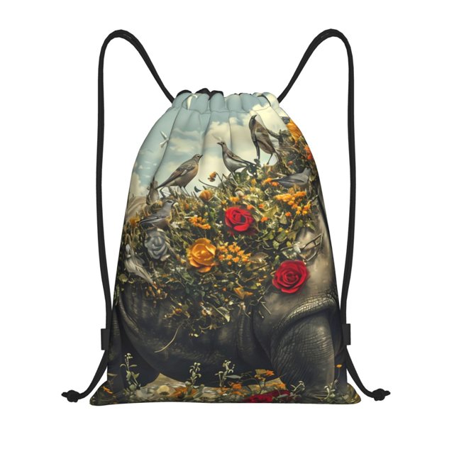 Xecao Floral Rhino With Birds Pattern Sports Drawstring Backpack - String Swim Gym Bag with Wet Proof Pocket for Women&Men-Medium