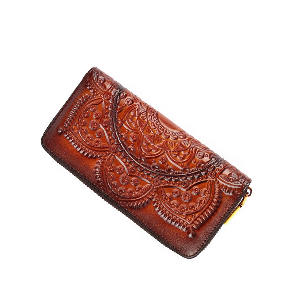 Genuine Leather Wallet Long Money Bag Closure Type Vintage Clutch Bags Coin Handbags Handmade Embossed Florals Purse Card Holder Brown Walmart