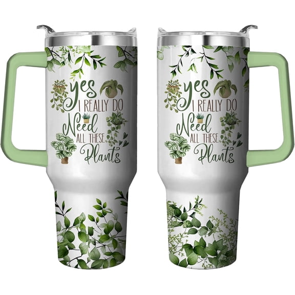40 Oz Plant Tumbler With Handle and Straw, Double Wall Coffee Travel Mug Leak Proof, Stainless Steel Cup, Reusable Insulated Water Bottle Gifts for Women