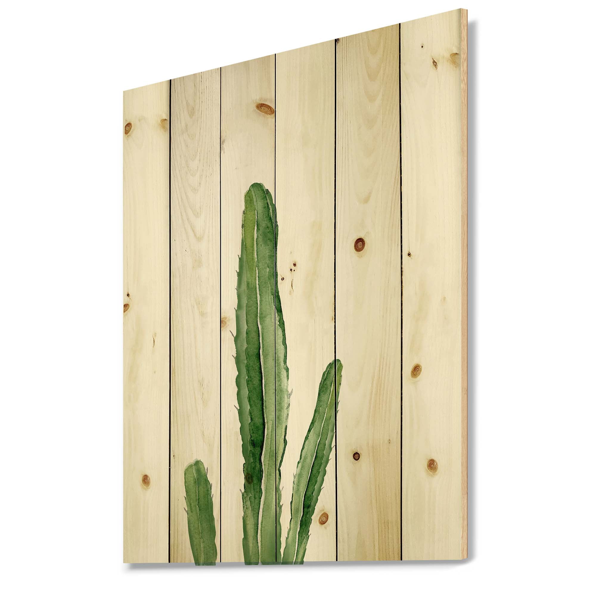 Designart 'Green Cactus South Western Plant' Botanical Print on Natural Pine Wood