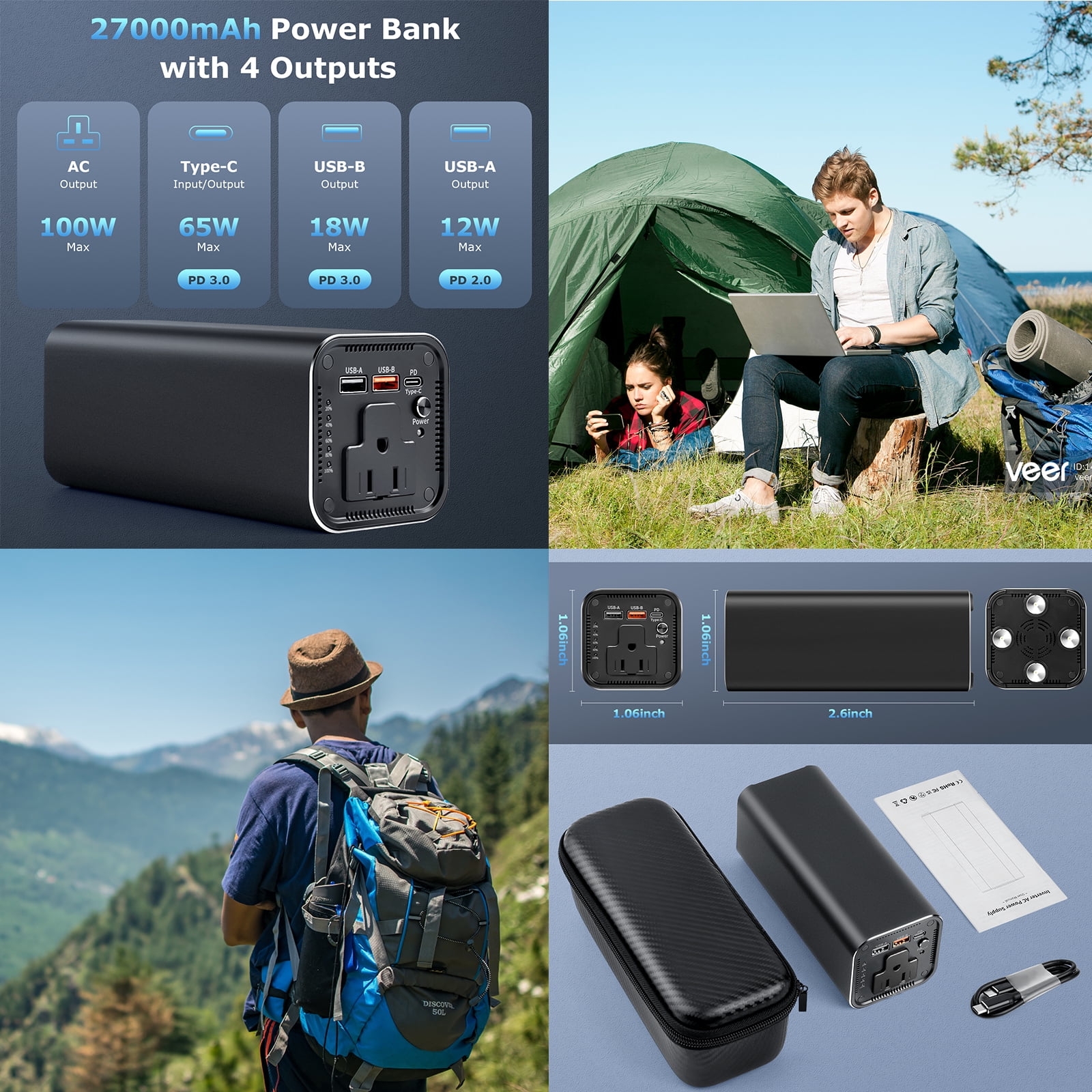 MASALUO P6-2 100W Portable Power Bank with AC Outlet - 98Wh/27000mAh ,With 65W PD ,  for Laptop, MacBook, HP, Travel,Hunting and Outdoor Use