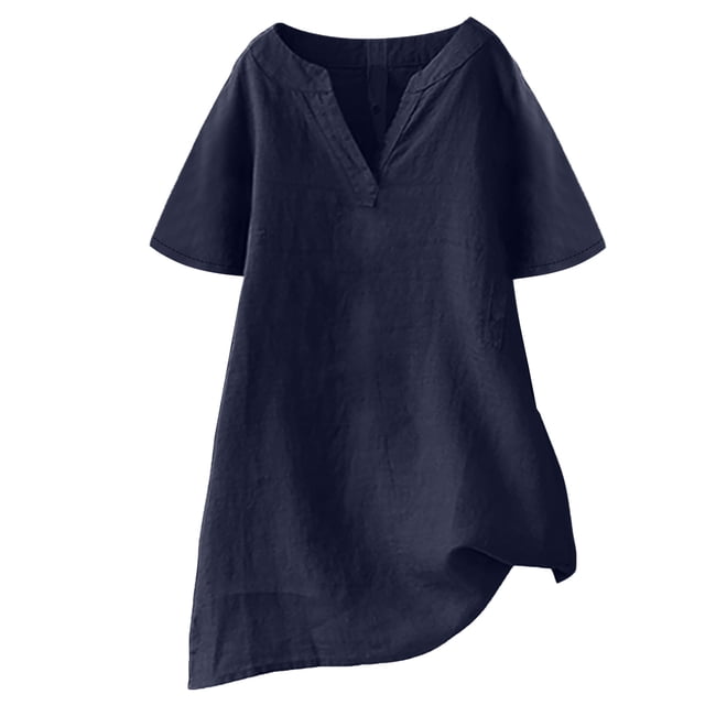 Olyvenn Linen Shirts for Women 2025 Spring Summer Button Down V Neck Short Sleeve Solid Color Tops Beach Fashion Clothes Navy L