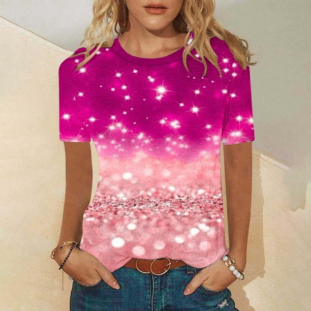 Fiudx Ofertas Del Día Camiseta Informal de Manga Corta con Cuello Redondo y Estampado a La Moda para Mujer