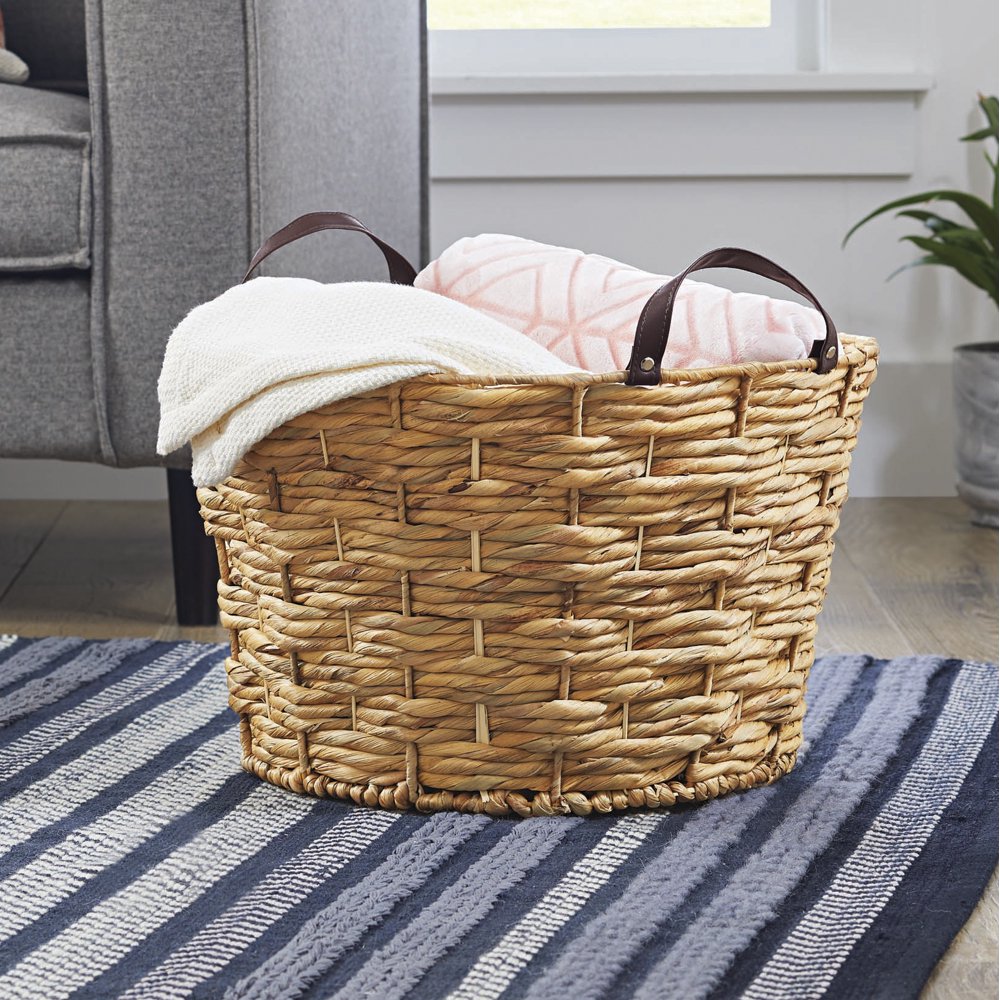 Better Homes & Gardens Large Round Natural Woven Basket with Leather