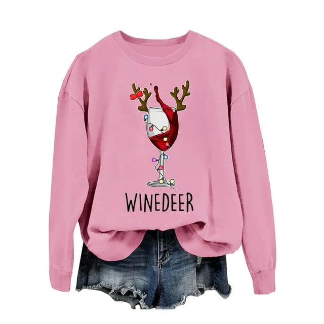 GPOECD Chandail en Molleton Léger à Manches Longues Col Rond Imprimé de Noël pour Femmes Chandail Décontracté Graphique de Vacances Tissu Doux Confortable Rose,L