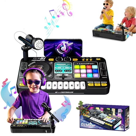 DJ Mixer for Kids with Microphone&Bluetooth, 8-Key Keyboard Piano Light up DJ Turntable with 12 MIDI, Piano Musical Instruments Toys for Boys Girls Birthday Gift for Kids Age 4 5 6 7 