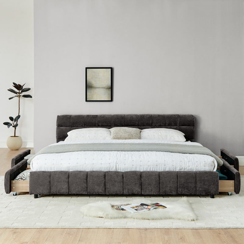 King Size Upholstered Platform Bed with 4 Storage Drawers, Low-Profile Chenille Grounded Bed with Headboard and Solid Frame, No Box Spring Needed