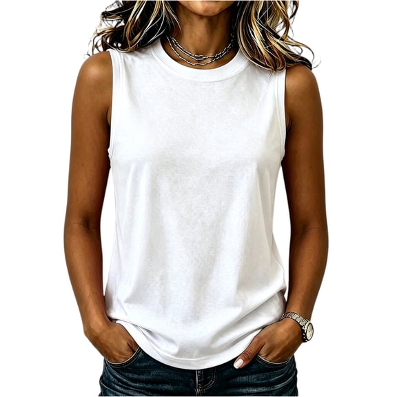 WULMLEO Women's Tank Tops Summer Basic Crewneck Tanks Sleeveless Casual Loose Fit Shirts Tees White M