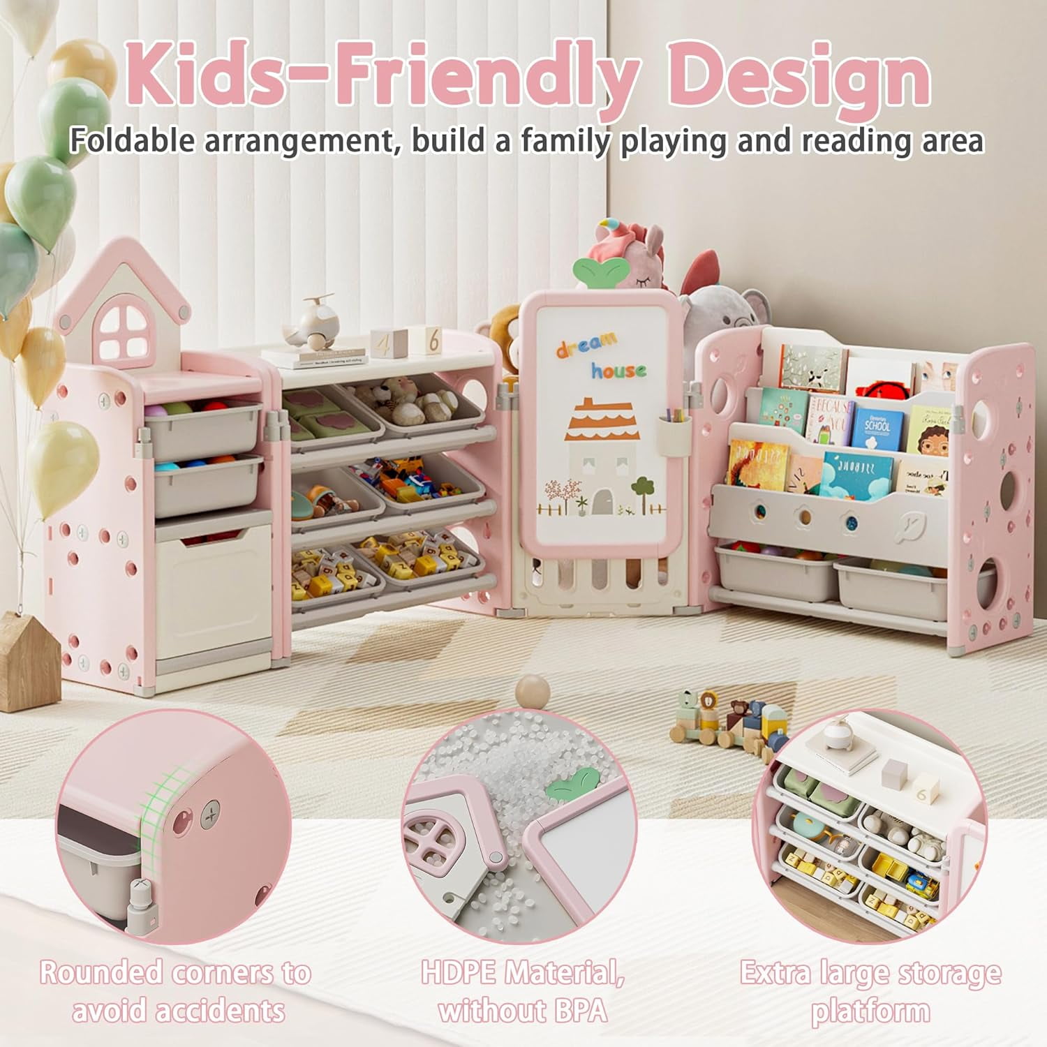 Kids Toy Storage Organizer with 10 Removable Bins, NEORIVER Foldable Toy Organizers and Storage with 3-Tier Bookshelf for Kids Toy Storage Organizer with Drawing Board, Extra 3 Brushes