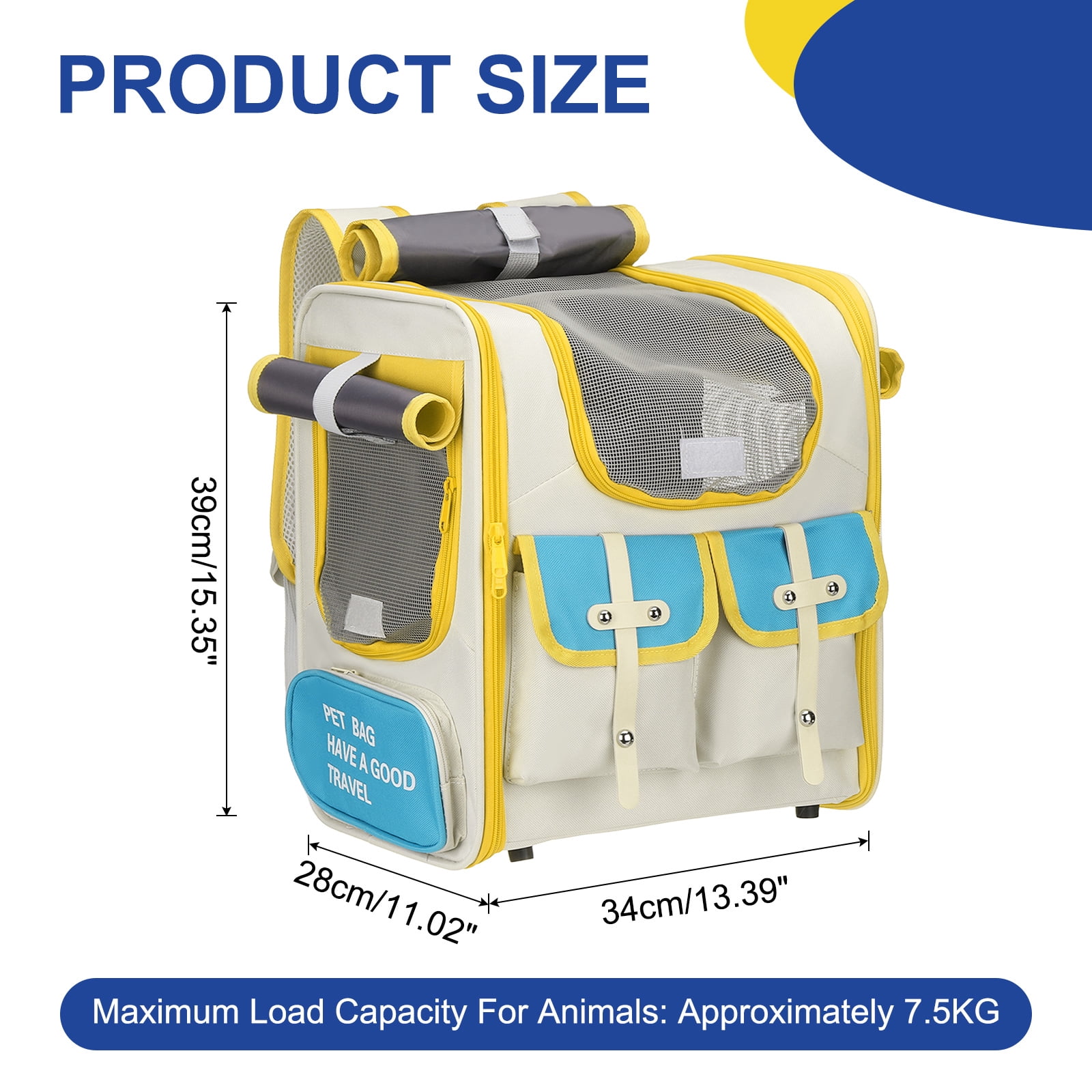 Uxcell Pet Backpack Carrier, Portable and Ventilated, Oxford Cloth, Dogs Cats and Small Animals Travel Bag 16.93", (Beige, Yellow, Blue, 1 Pcs), Intended for Hiking / Camping / Traveling