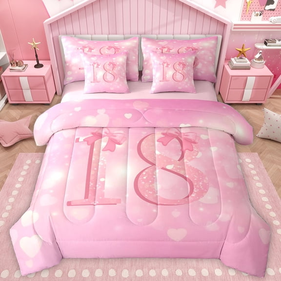 Homewish Number 18 7-Piece Twin Bedding Sets,Personalized Birthday Bedding Comforter Set,Pink Lovely Bow Knot Sheet Sets For Girls,Luxury Bedroom Decor Reversible