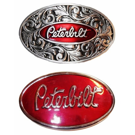 Peterbilt Silver and Red Oval Metal Belt Buckles Set of 2