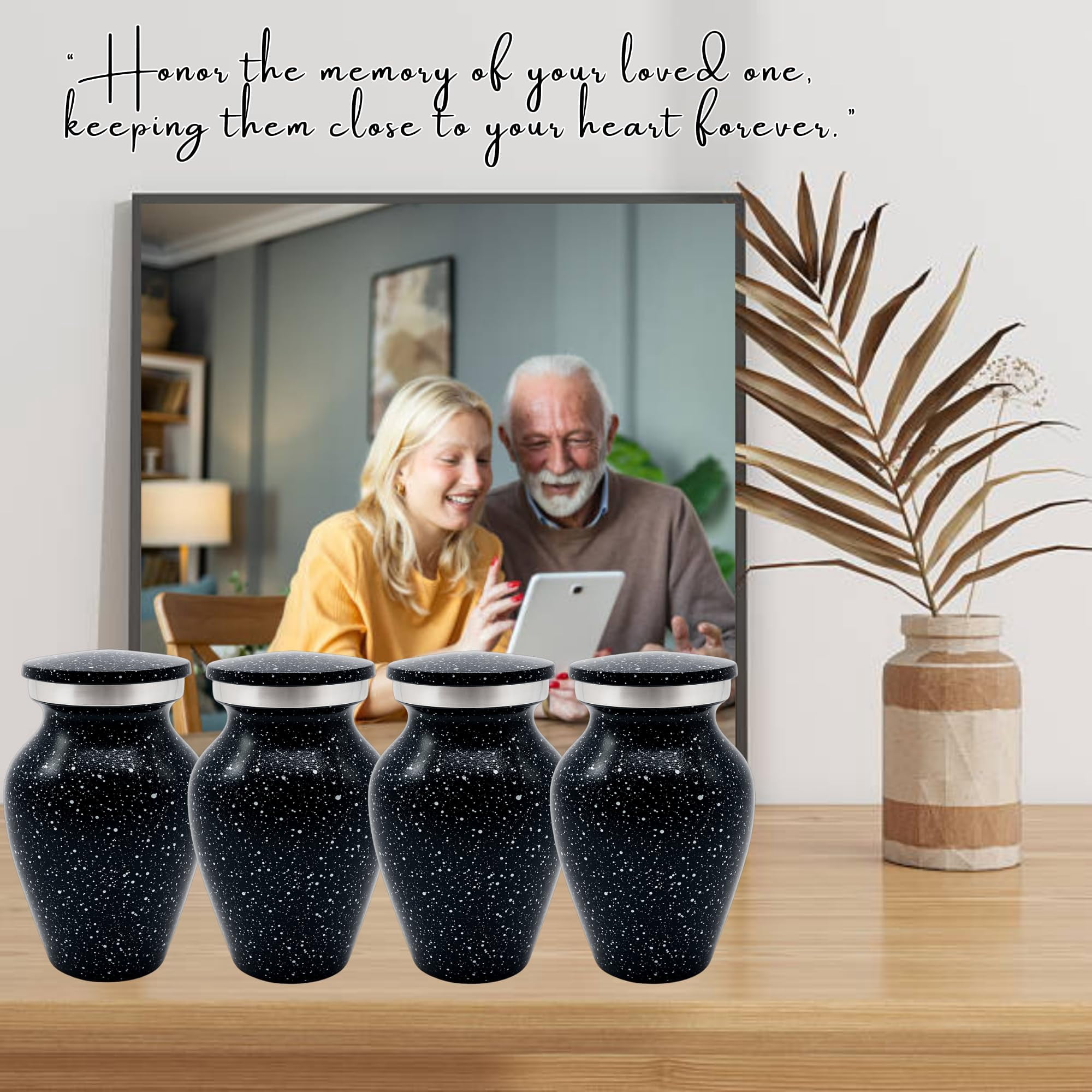 Nova Niche Urns Small Size Cremation Urn for Human Ashes, Mini Keepsake Set of 4 Black and White with Velvet Case