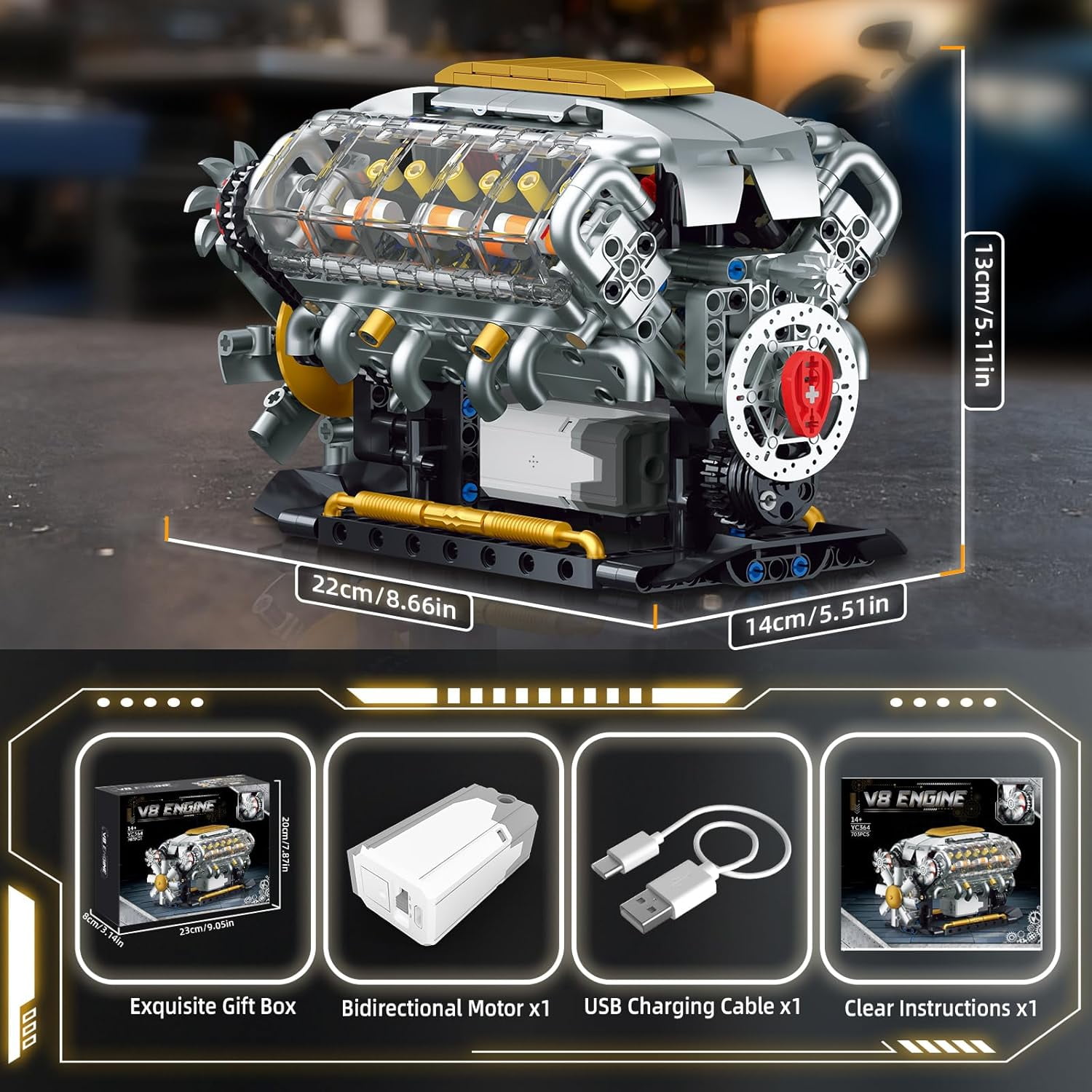 V8 Engine Model Kit that Runs, Build Your Own Mini Visible Car Motor, Physical Science Experiment Building Set for Adults & Teens, STEM Toy (703 PCS)
