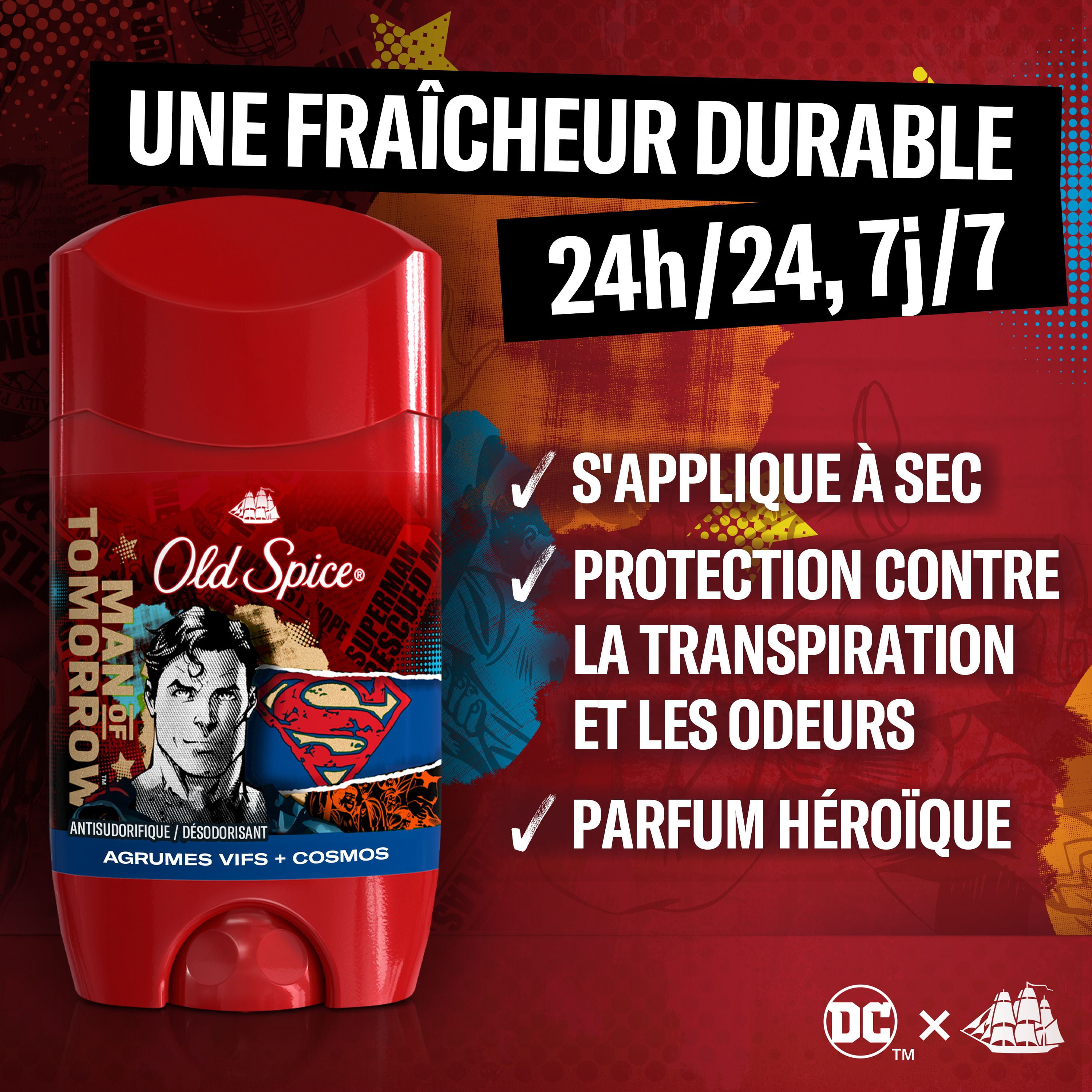 Antisudorifique et désodorisant Old Spice pour hommes, fraîcheur 24 heures sur 24, 7 jours sur 7, protection longue durée contre la transpiration et les odeurs, sentez comme un héros, Superman, parfum 73G