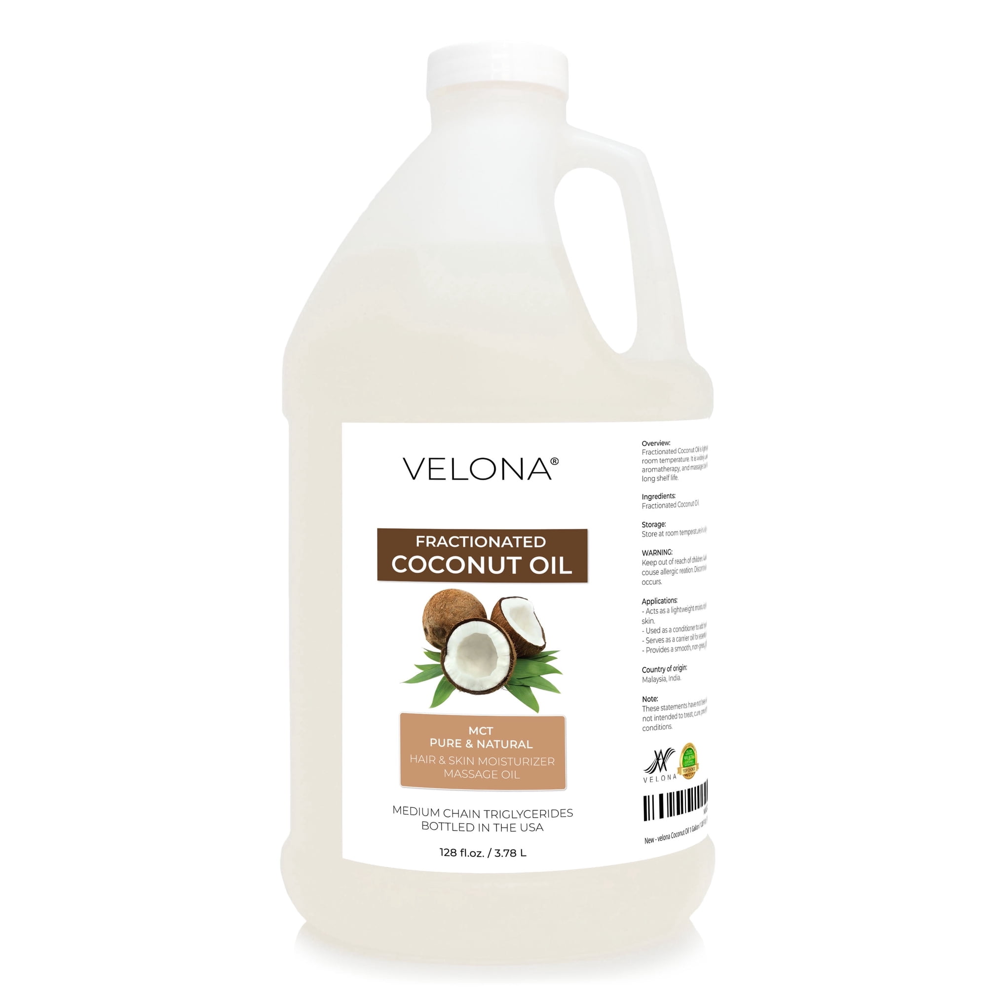 velona MCT Coconut Oil - 1 Gallon / 128 fl oz, Fractionated, 100% Pure & Natural, Bulk