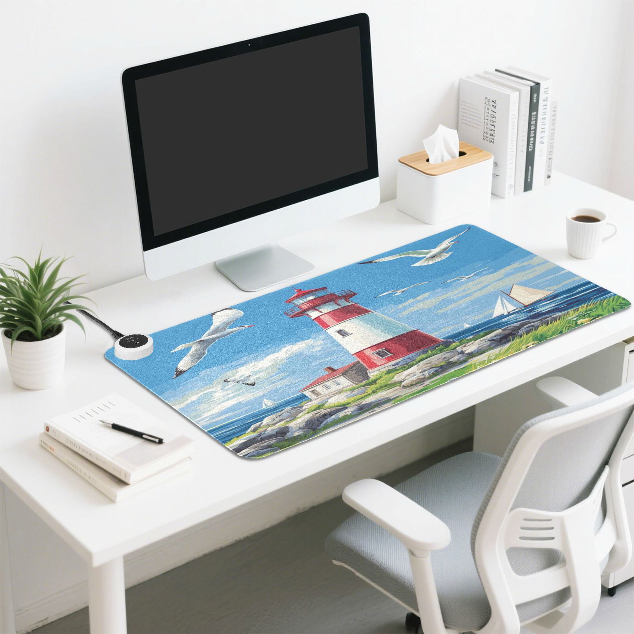Wobogo Coastal Lighthouse Heated Mouse Pad Extra-Large Desk Mat With 3 Heating Levels and 3-hour Auto Shut-Off Protection Ideal for Computer Keyboards Home Office Hand-warming Essential 31.5in × 13in