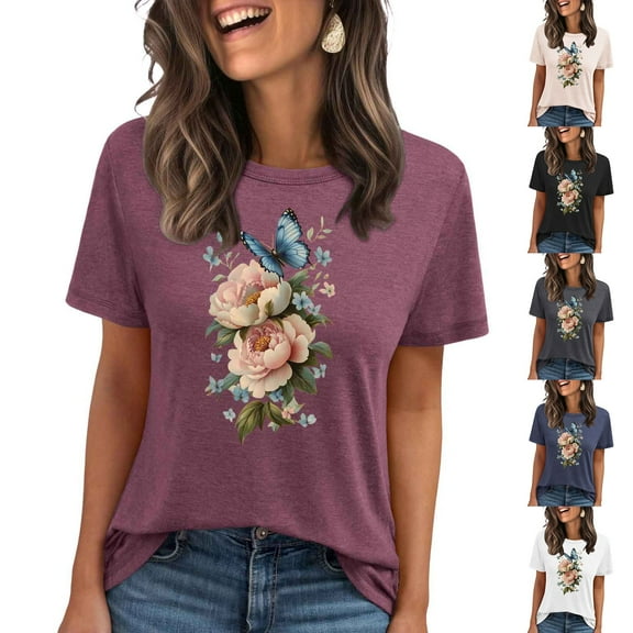 Pxxlle Womens Short Sleeve Shirts Fashion Graphic Tee Shirt Loose Fit Round Neck Going Out Tops (Gray S)