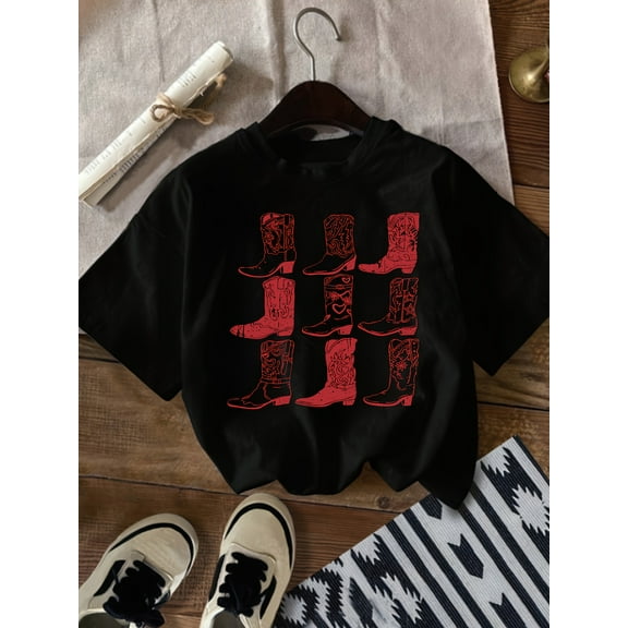 Women's Western Cowboys & Boots Graphic Print T-Shirt - Black with Red Western Motifs, Short Sleeve Crew Neck Casual Top, Medium Stretch Machine Washable for Spring Summer