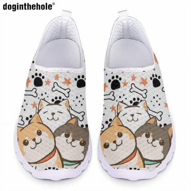 Zapatos planos casuales Doginthehole para mujer, nuevos y bonitos zapatos de enfermera blancos con diseño de cachorro de dibujos animados, zapatos clásicos de malla transpirables sin cordones
