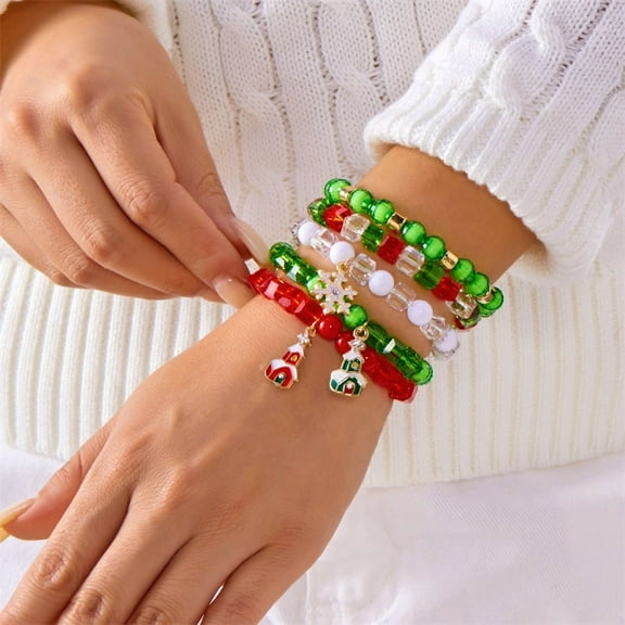 PISONIC Christmas Beaded Bracelets for Women Candy Santa Snowflake Elk Bracelets Set Christmas Tree Car Stretch Bracelets Set Christmas Holiday Party Charm Jewelry